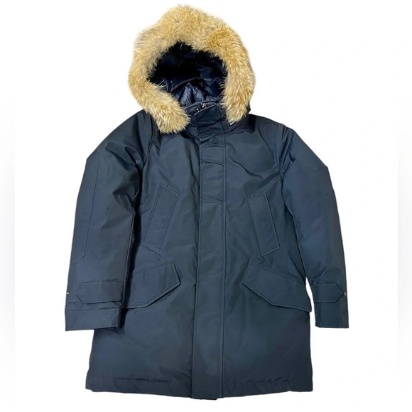 Woolrich Polar Parka in Ramar Cloth with High Collar and Fur Trim in Melton Blue - Picture 2 of 16